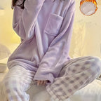 Fleece Pyjama Set Women's Pink Long Sleeve Top & Checked Lounge Trousers – Sleepwear, Home, Cosy, Gift