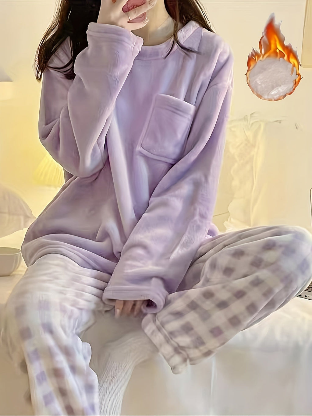 Fleece Pyjama Set Women's Pink Long Sleeve Top & Checked Lounge Trousers – Sleepwear, Home, Cosy, Gift