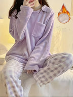 Fleece Pyjama Set Women's Pink Long Sleeve Top & Checked Lounge Trousers – Sleepwear, Home, Cosy, Gift