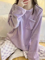 Fleece Pyjama Set Women's Pink Long Sleeve Top & Checked Lounge Trousers – Sleepwear, Home, Cosy, Gift