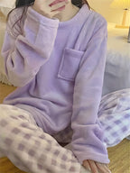 Fleece Pyjama Set Women's Pink Long Sleeve Top & Checked Lounge Trousers – Sleepwear, Home, Cosy, Gift