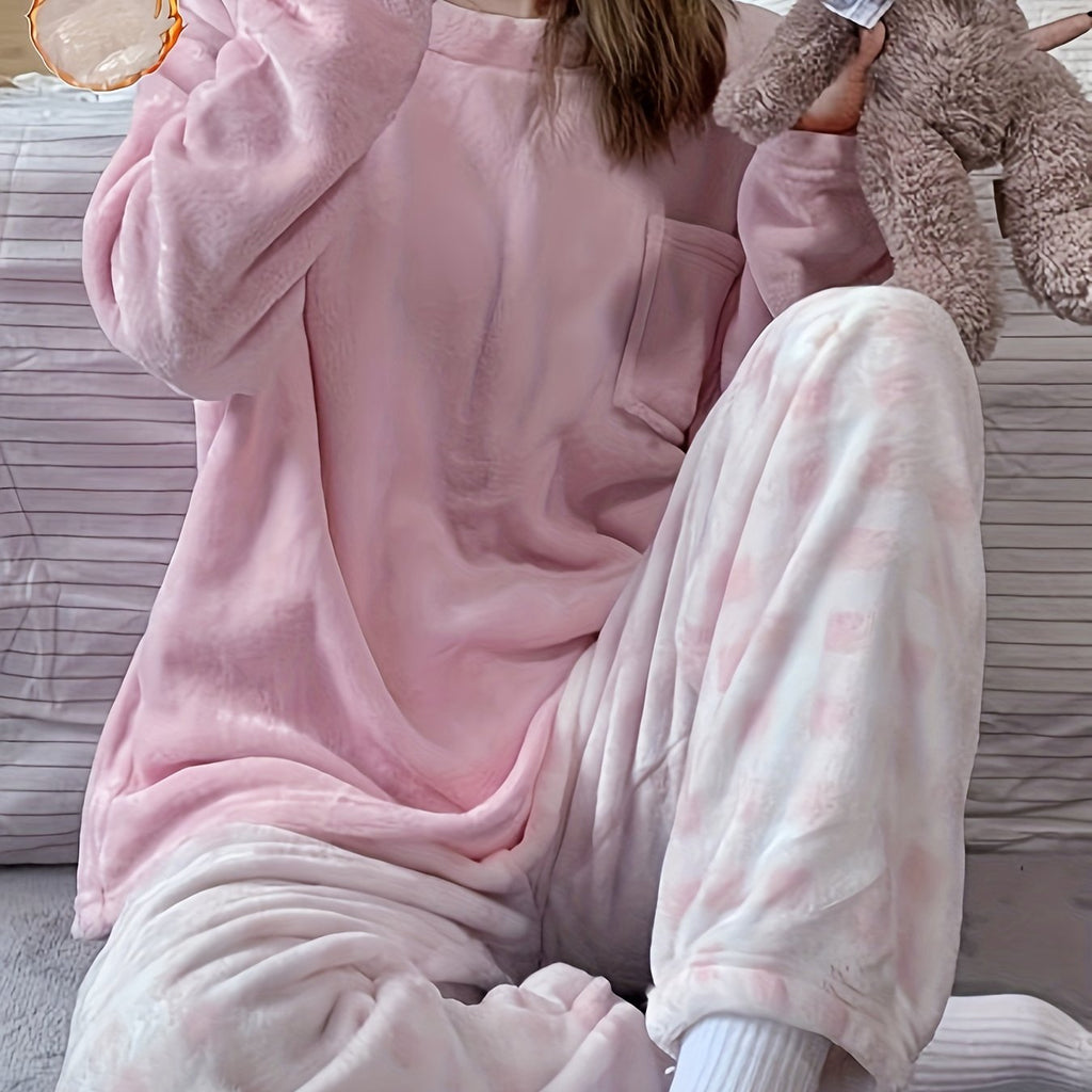 Fleece Pyjama Set Women's Pink Long Sleeve Top & Checked Lounge Trousers – Sleepwear, Home, Cosy, Gift