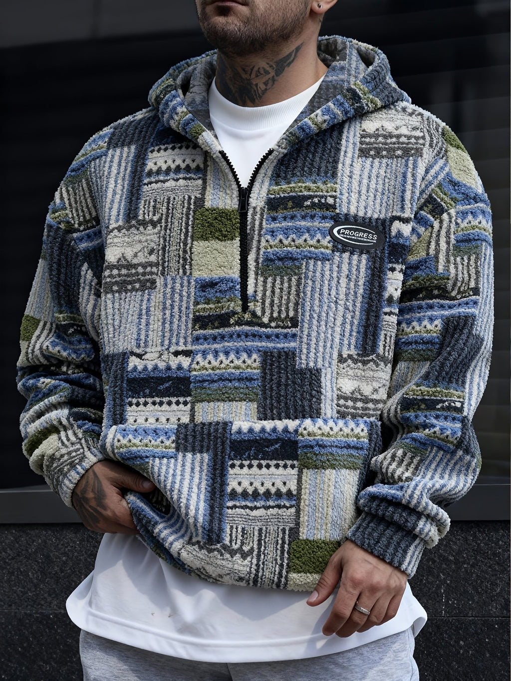 Fleece Quarter-Zip Pullover Men's Aztec Geometric Print Sweatshirt – Casual, Autumn Winter Warm Wear