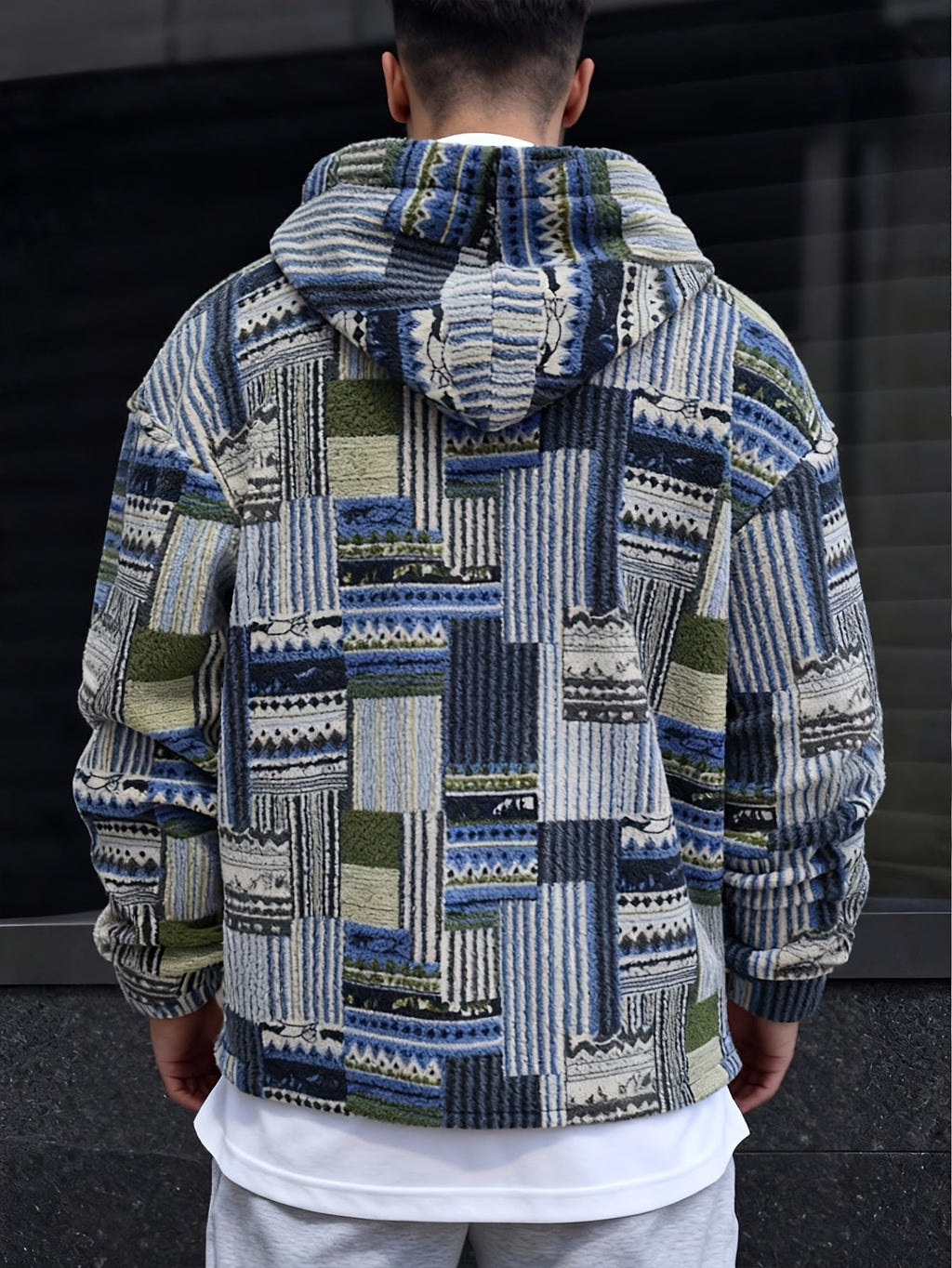 Fleece Quarter-Zip Pullover Men's Aztec Geometric Print Sweatshirt – Casual, Autumn Winter Warm Wear