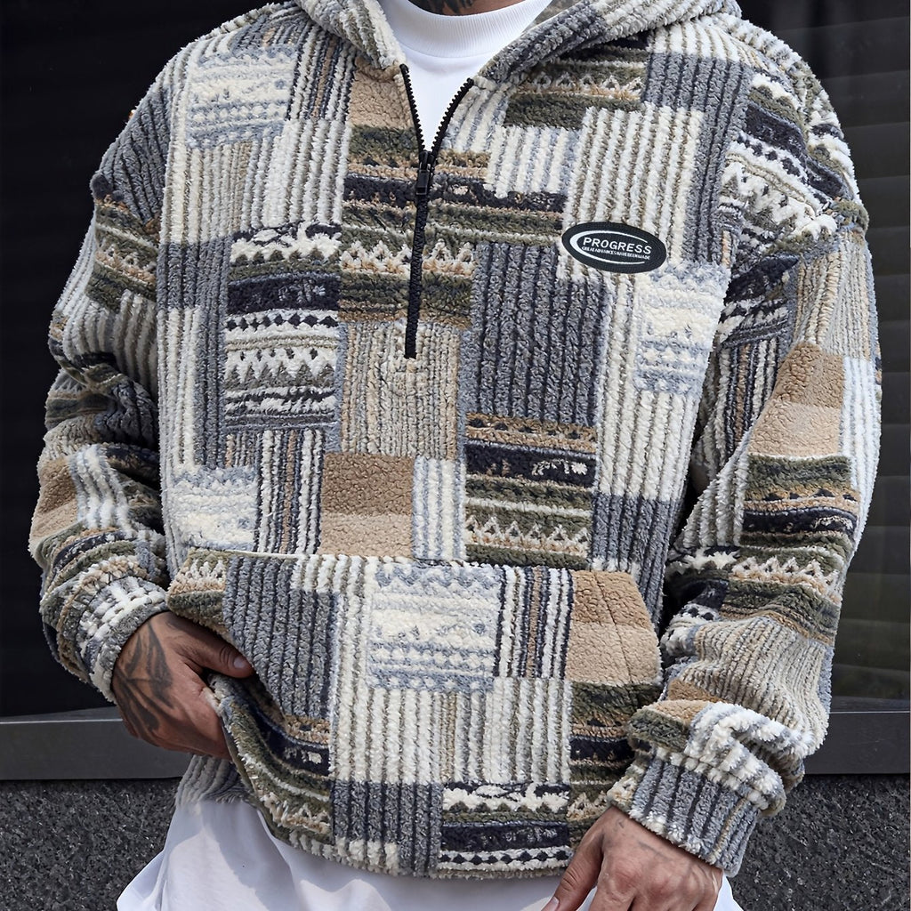 Fleece Quarter-Zip Pullover Men's Aztec Geometric Print Sweatshirt – Casual, Autumn Winter Warm Wear