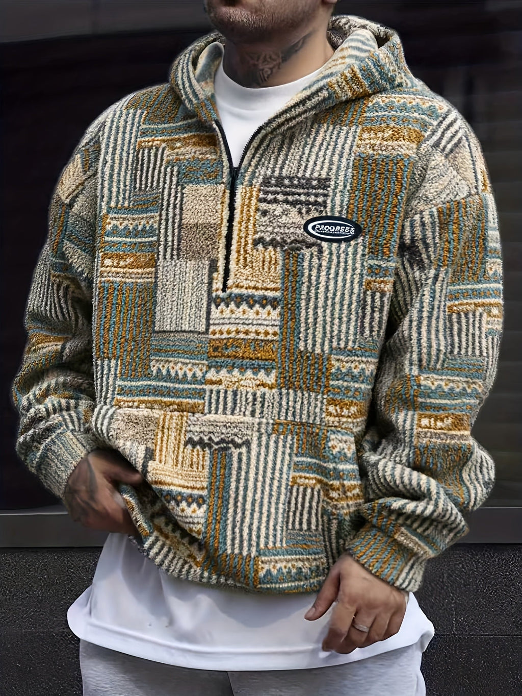 Fleece Quarter-Zip Pullover Men's Aztec Geometric Print Sweatshirt – Casual, Autumn Winter Warm Wear