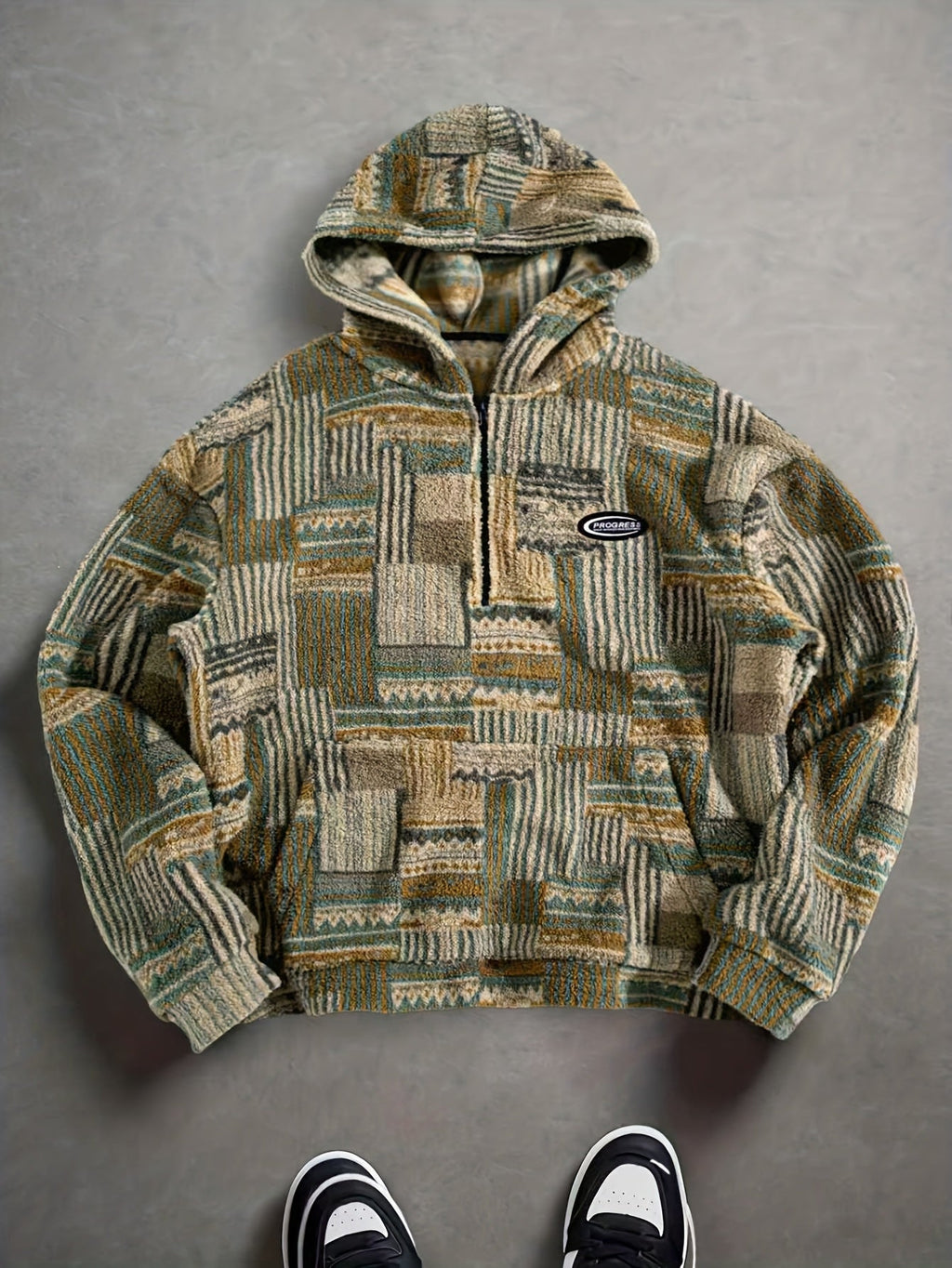 Fleece Quarter-Zip Pullover Men's Aztec Geometric Print Sweatshirt – Casual, Autumn Winter Warm Wear