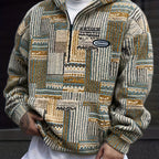 Fleece Quarter-Zip Pullover Men's Aztec Geometric Print Sweatshirt – Casual, Autumn Winter Warm Wear
