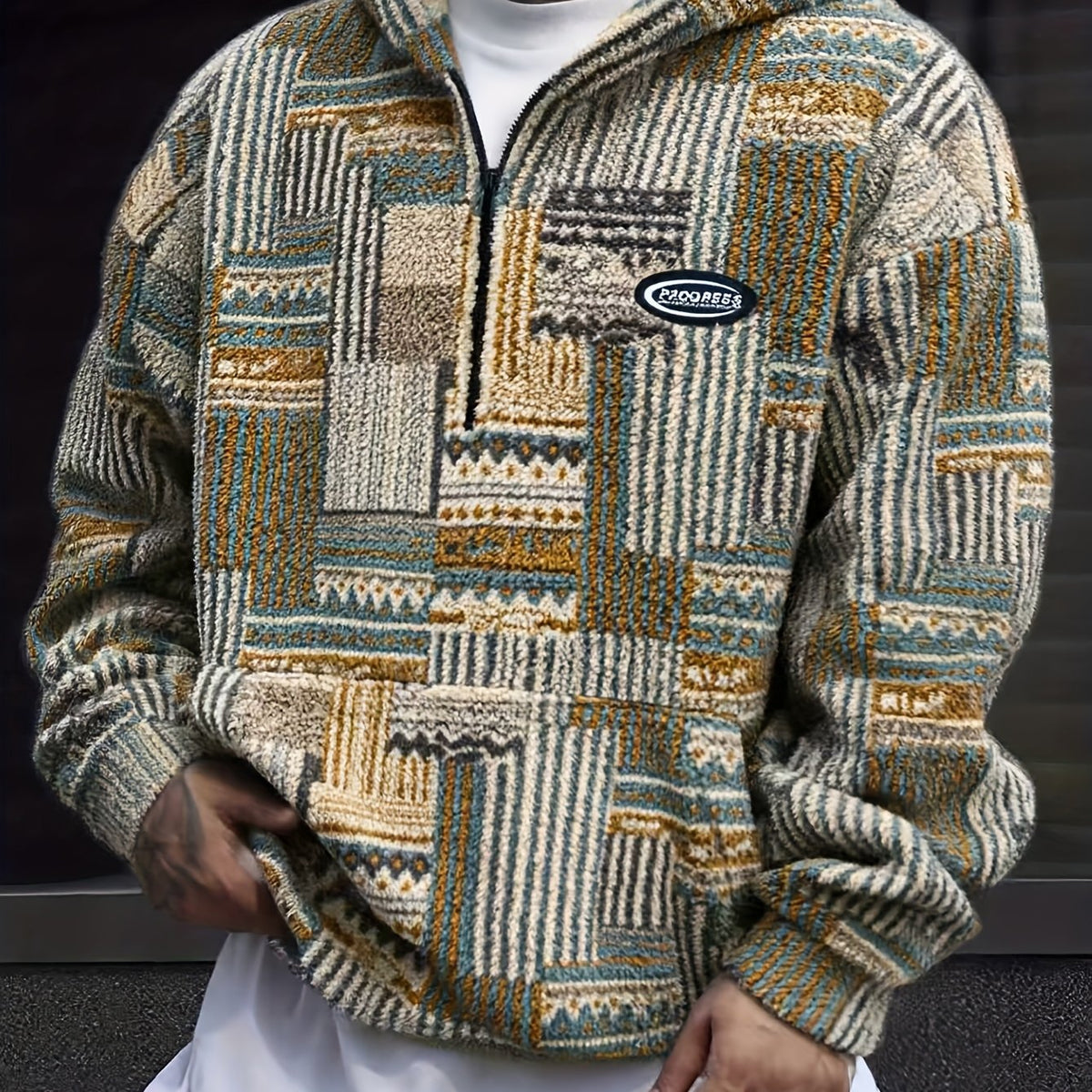 Fleece Quarter-Zip Pullover Men's Aztec Geometric Print Sweatshirt – Casual, Autumn Winter Warm Wear