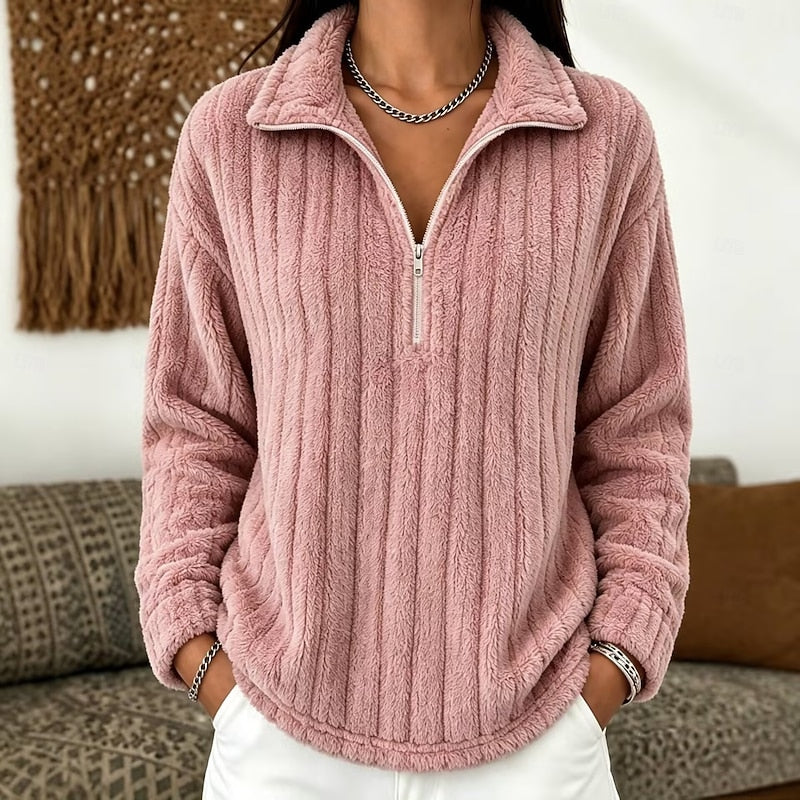 Fleece Quarter-Zip Pullover Women's Ribbed Textured Sweatshirt Beige – Casual, Cosy Loungewear Gift