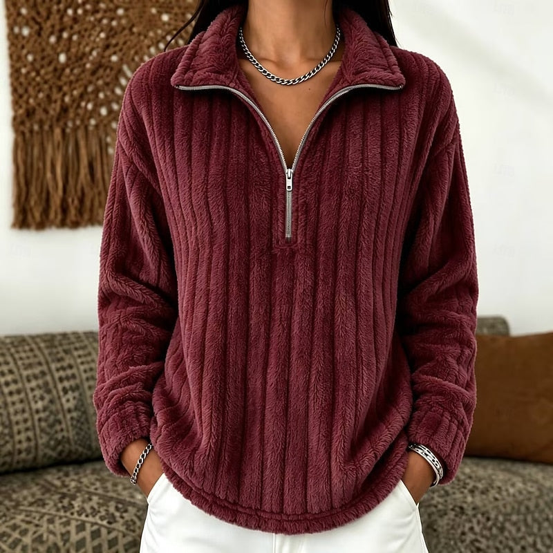 Fleece Quarter-Zip Pullover Women's Ribbed Textured Sweatshirt Beige – Casual, Cosy Loungewear Gift