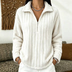 Fleece Quarter-Zip Pullover Women's Ribbed Textured Sweatshirt Beige – Casual, Cosy Loungewear Gift