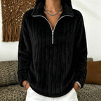 Fleece Quarter-Zip Pullover Women's Ribbed Textured Sweatshirt Beige – Casual, Cosy Loungewear Gift