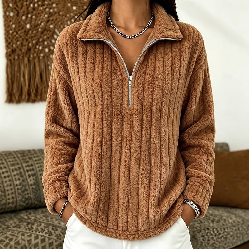 Fleece Quarter-Zip Pullover Women's Ribbed Textured Sweatshirt Beige – Casual, Cosy Loungewear Gift