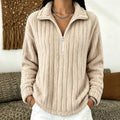 Fleece Quarter-Zip Pullover Women's Ribbed Textured Sweatshirt Beige – Casual, Cosy Loungewear Gift