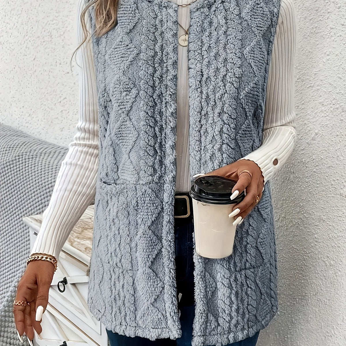 Fleece Vest Sleeveless Women's Taupe with Pockets – Casual, Layering Autumn Winter Outerwear