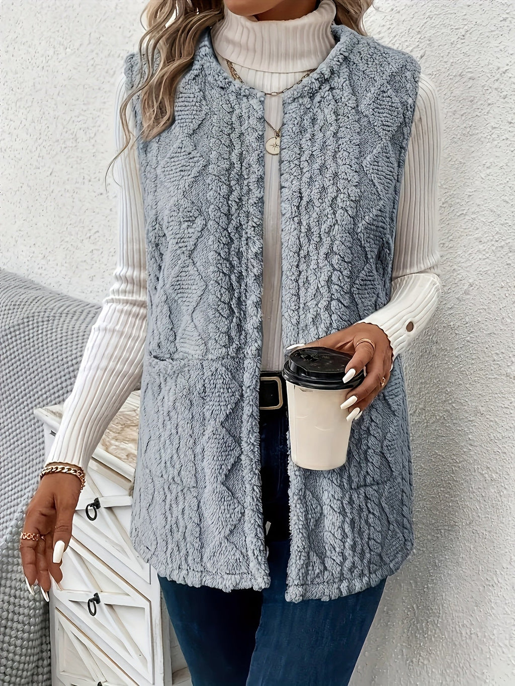 Fleece Vest Sleeveless Women's Taupe with Pockets – Casual, Layering Autumn Winter Outerwear