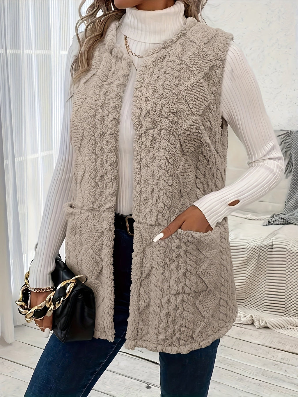 Fleece Vest Sleeveless Women's Taupe with Pockets – Casual, Layering Autumn Winter Outerwear