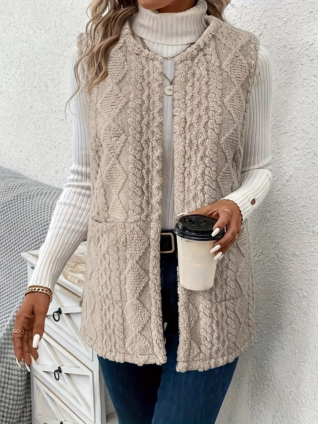 Fleece Vest Sleeveless Women's Taupe with Pockets – Casual, Layering Autumn Winter Outerwear