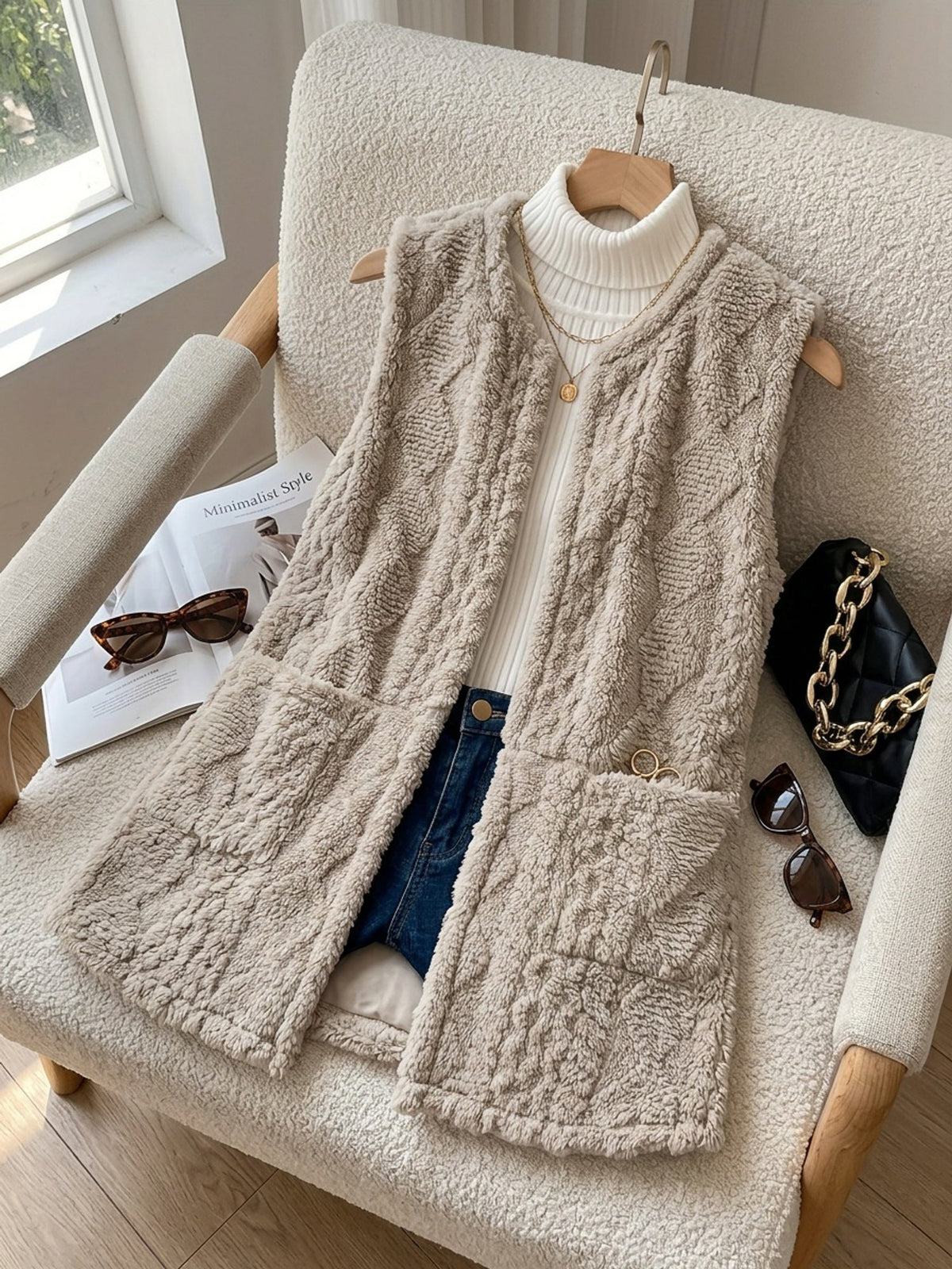 Fleece Vest Sleeveless Women's Taupe with Pockets – Casual, Layering Autumn Winter Outerwear