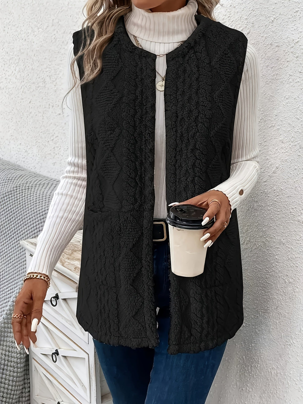 Fleece Vest Sleeveless Women's Taupe with Pockets – Casual, Layering Autumn Winter Outerwear