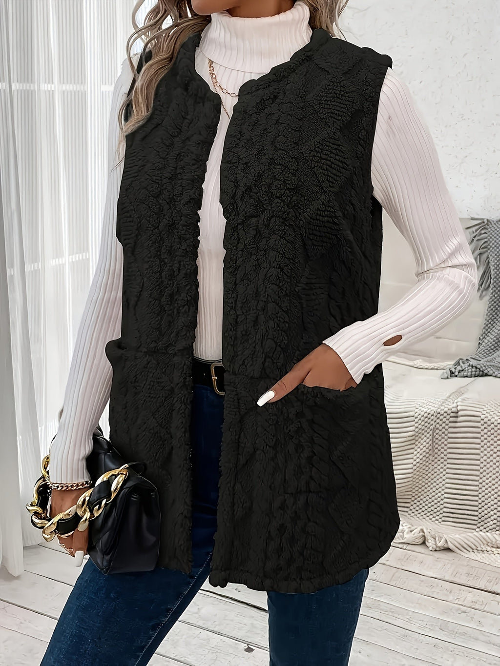 Fleece Vest Sleeveless Women's Taupe with Pockets – Casual, Layering Autumn Winter Outerwear