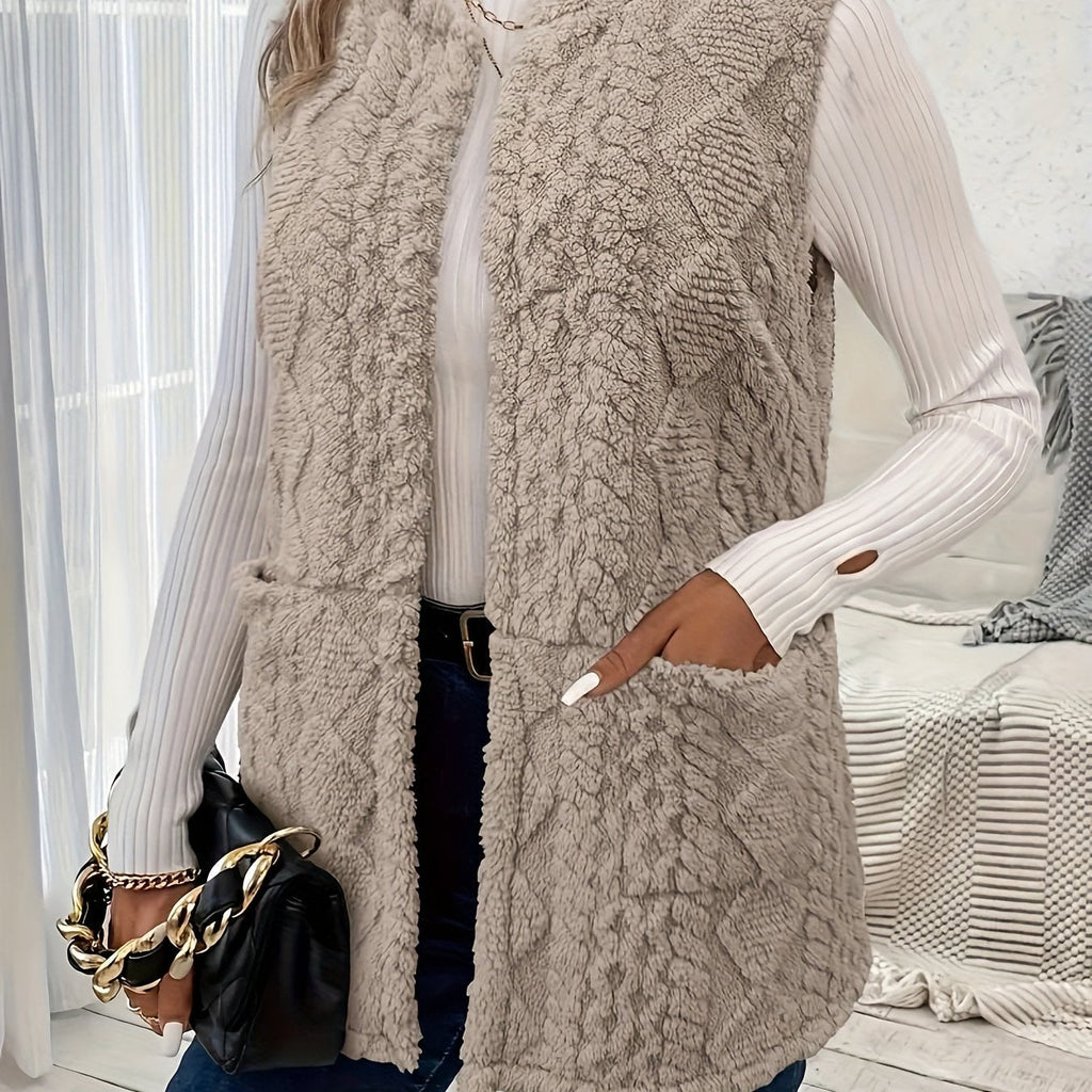 Fleece Vest Sleeveless Women's Taupe with Pockets – Casual, Layering Autumn Winter Outerwear