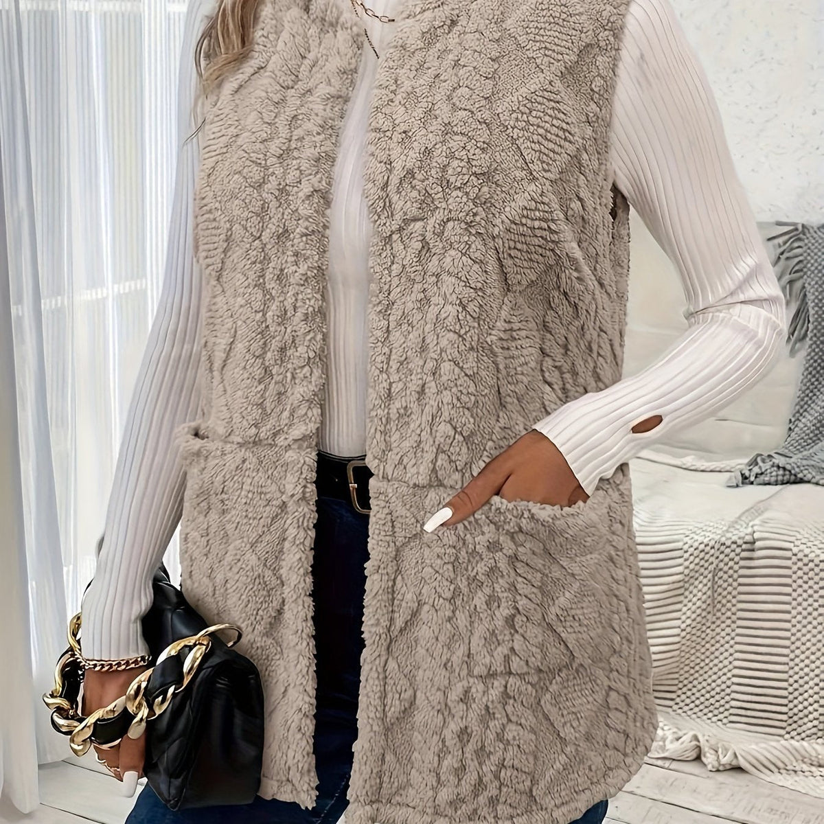Fleece Vest Sleeveless Women's Taupe with Pockets – Casual, Layering Autumn Winter Outerwear