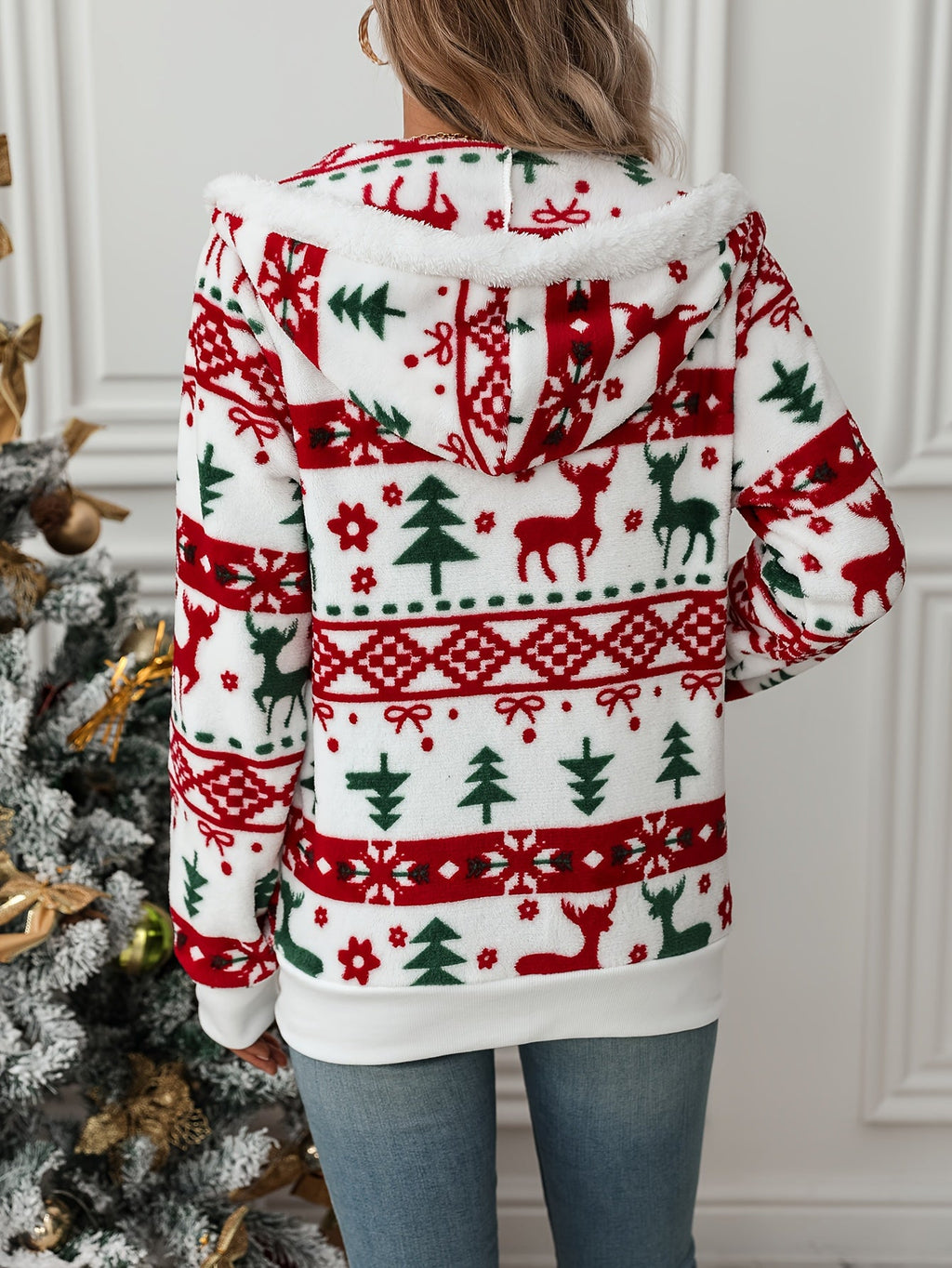 Fleece Zip-Up Hoodie Women's Christmas Reindeer Fair Isle Print – Holiday, Gift · Werune