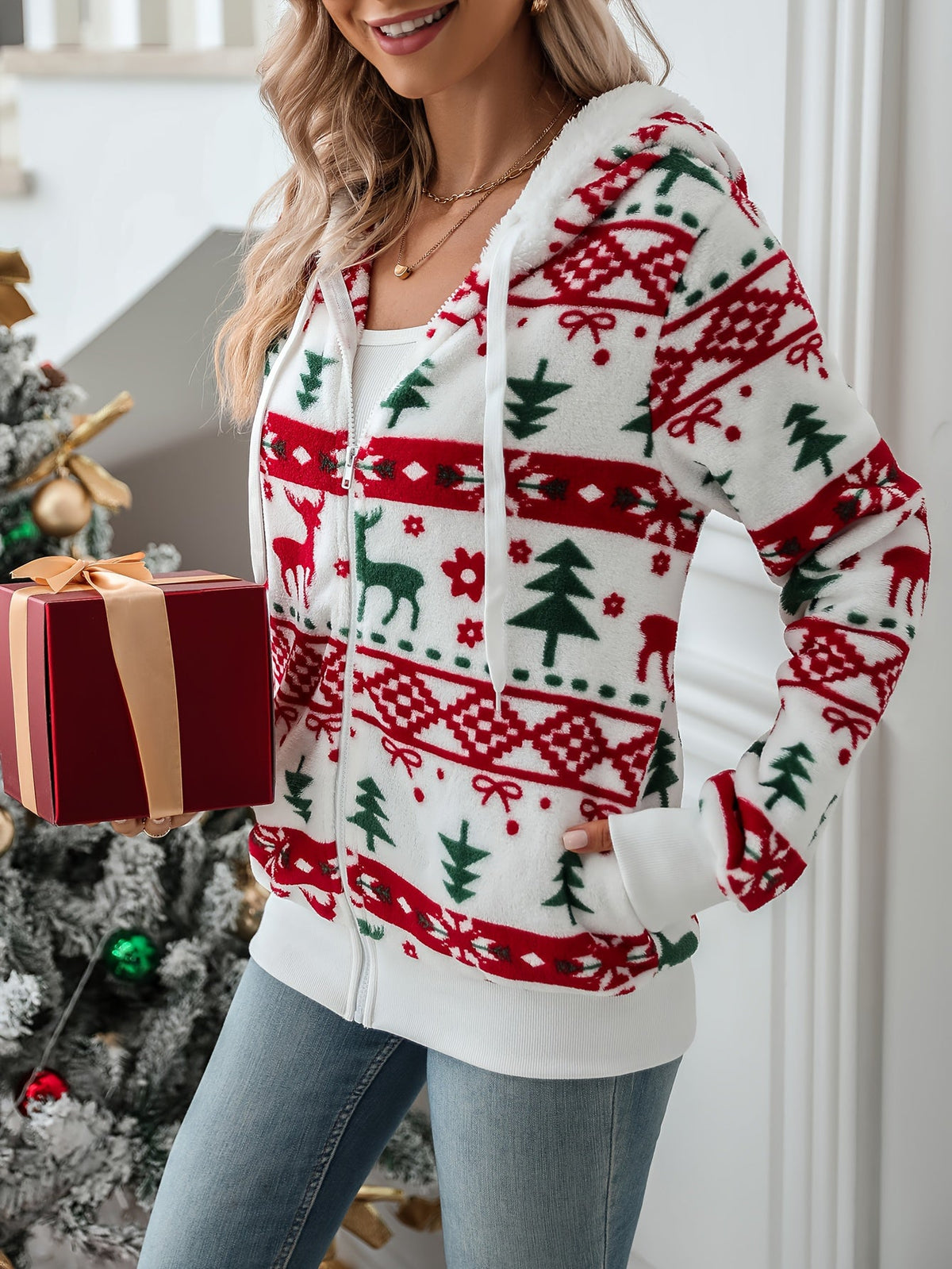 Fleece Zip-Up Hoodie Women's Christmas Reindeer Fair Isle Print – Holiday, Gift · Werune