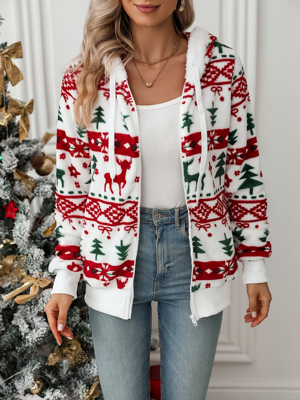 Fleece Zip-Up Hoodie Women's Christmas Reindeer Fair Isle Print – Holiday, Gift · Werune