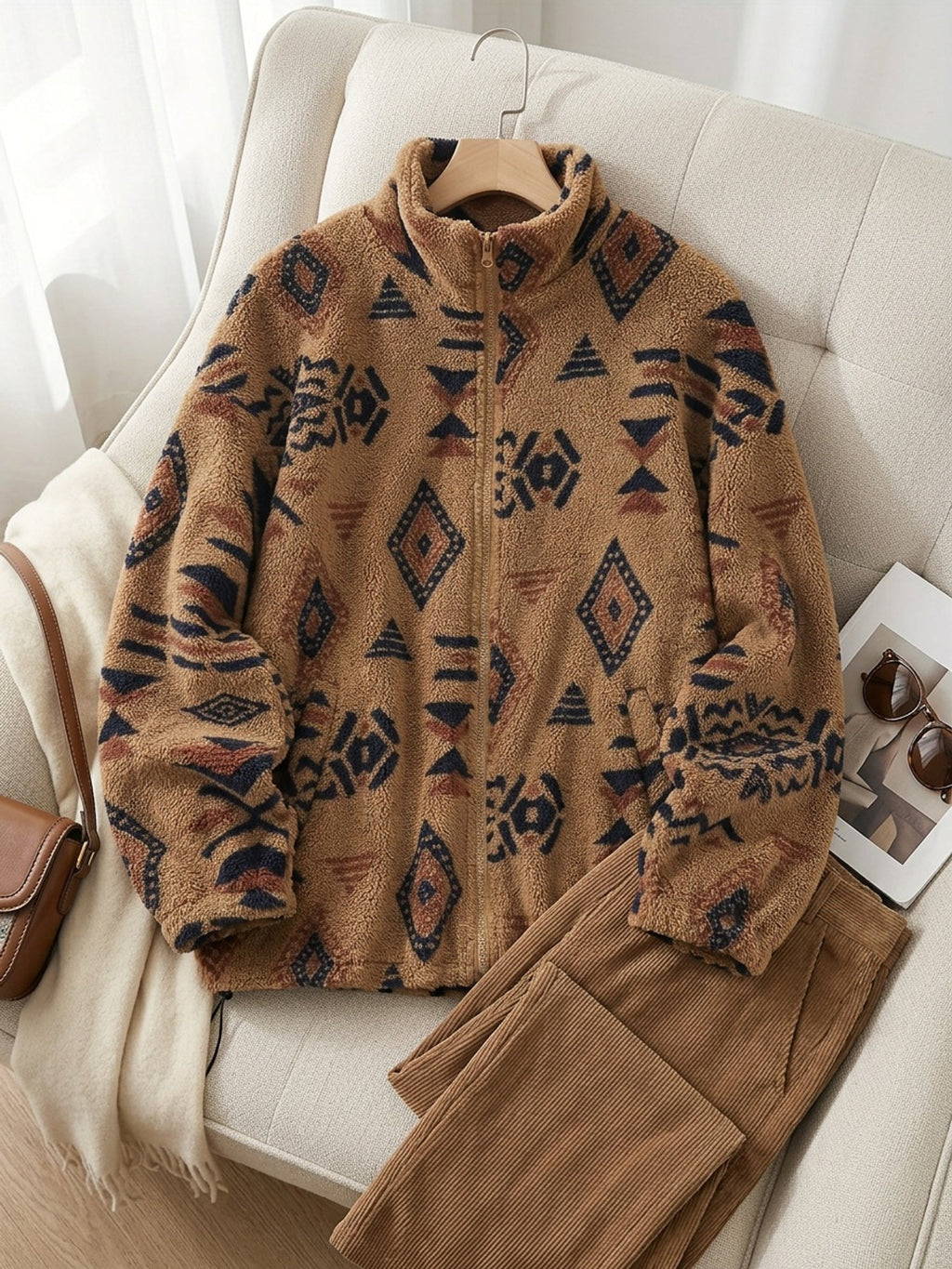 Fleece Zip-Up Jacket Aztec Print Men's Stand Collar – Casual, Winter, Outdoor, Everyday, Gift