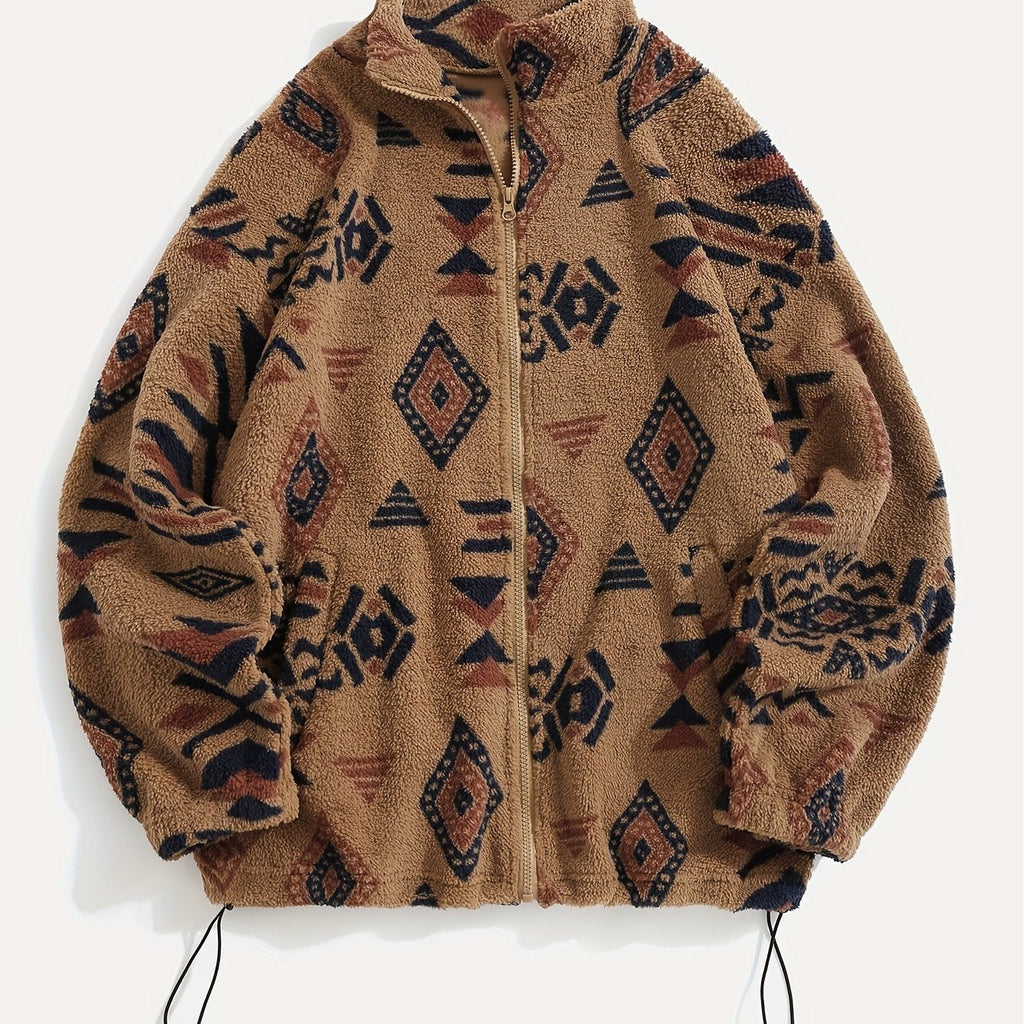Fleece Zip-Up Jacket Aztec Print Men's Stand Collar – Casual, Winter, Outdoor, Everyday, Gift