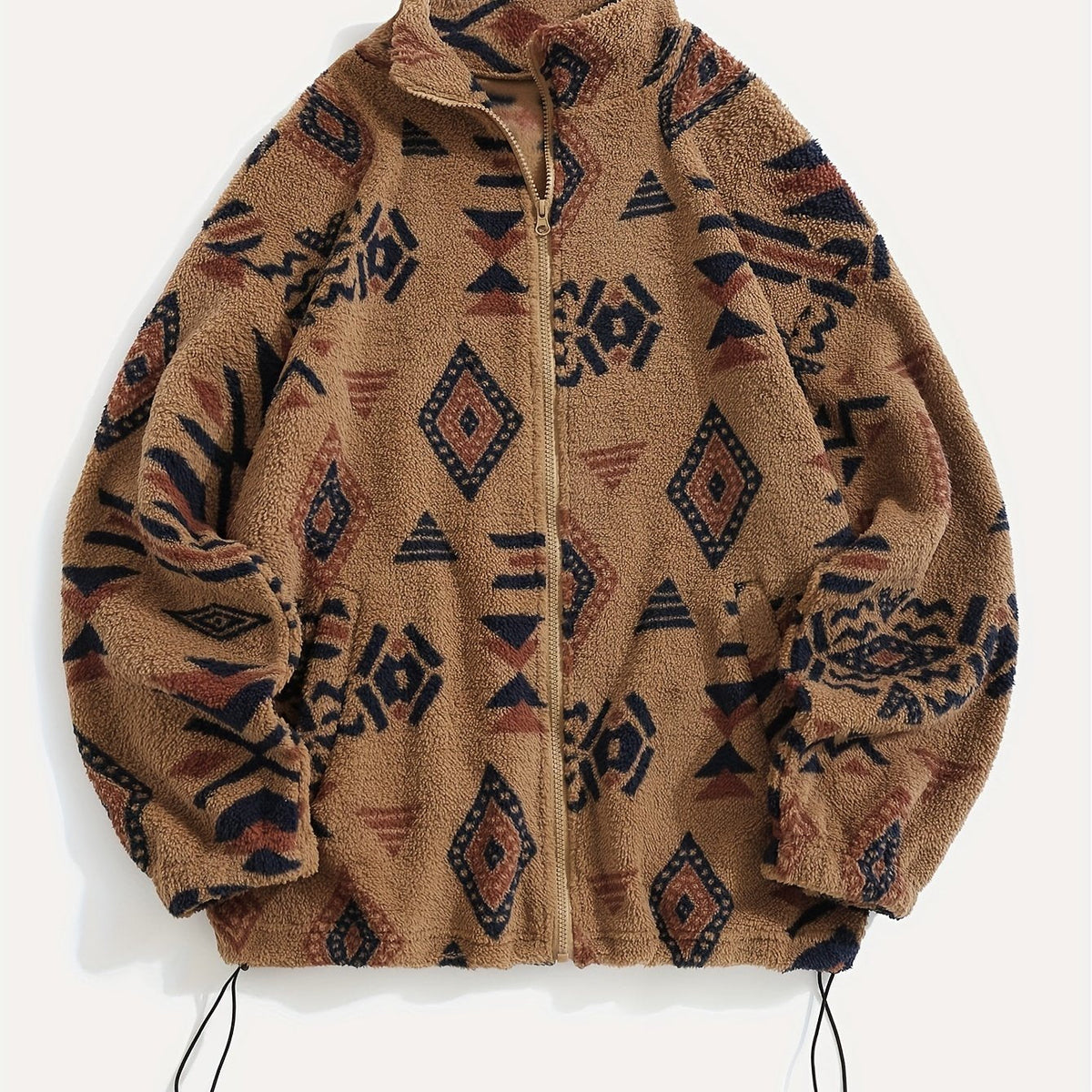 Fleece Zip-Up Jacket Aztec Print Men's Stand Collar – Casual, Winter, Outdoor, Everyday, Gift