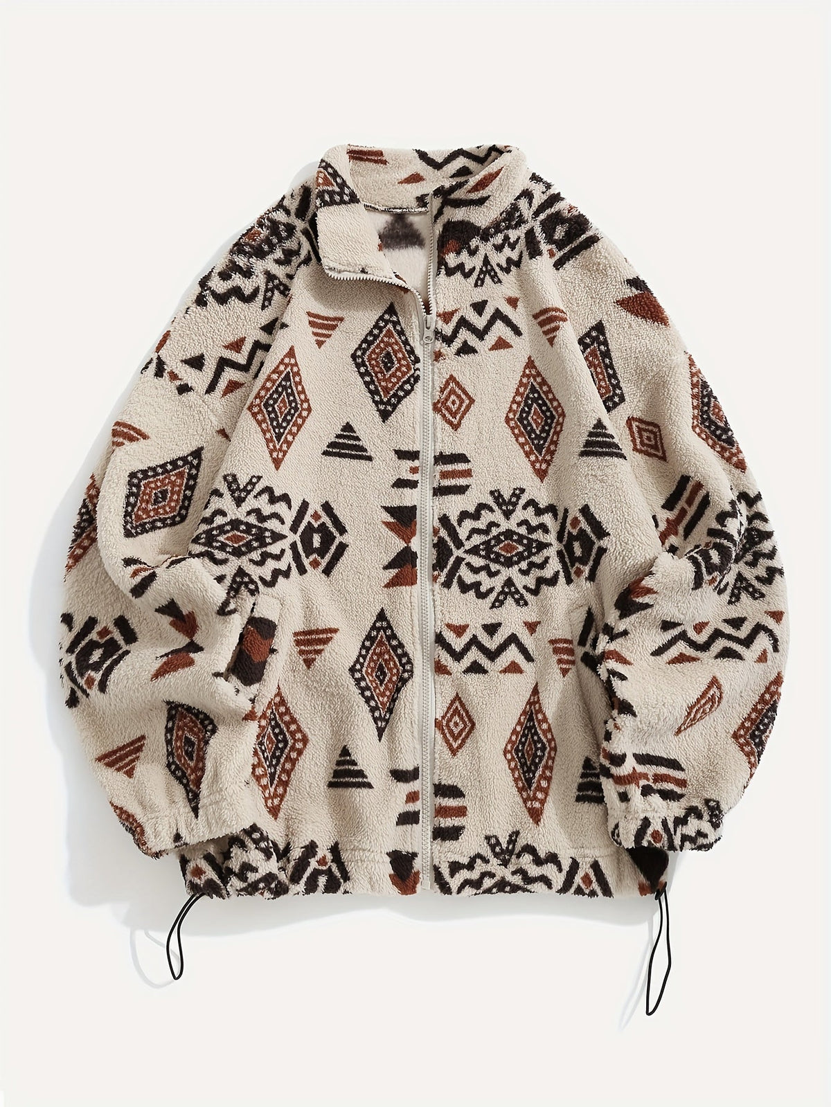 Fleece Zip-Up Jacket Aztec Print Men's Stand Collar – Casual, Winter, Outdoor, Everyday, Gift