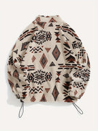 Fleece Zip-Up Jacket Aztec Print Men's Stand Collar – Casual, Winter, Outdoor, Everyday, Gift