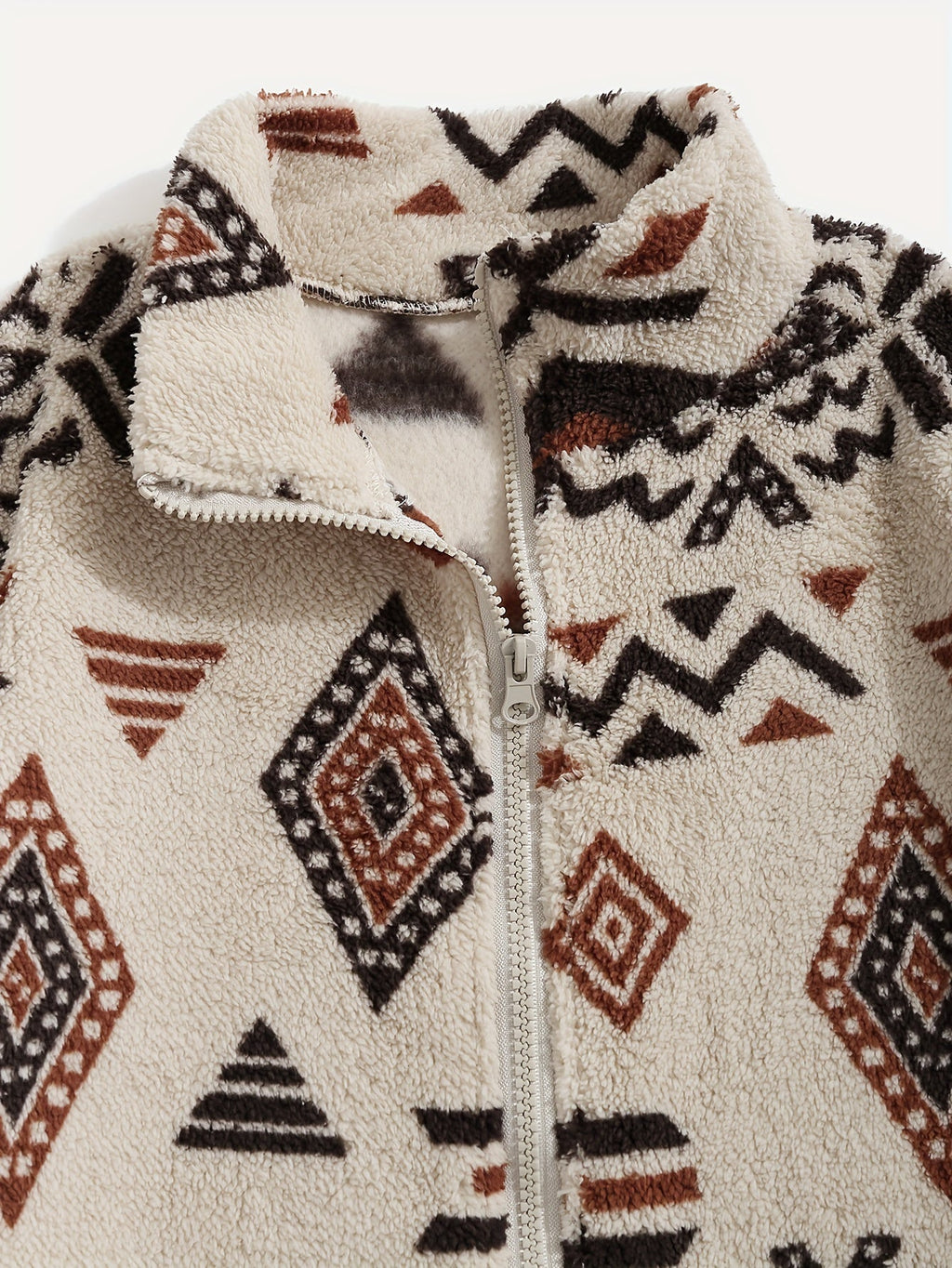 Fleece Zip-Up Jacket Aztec Print Men's Stand Collar – Casual, Winter, Outdoor, Everyday, Gift
