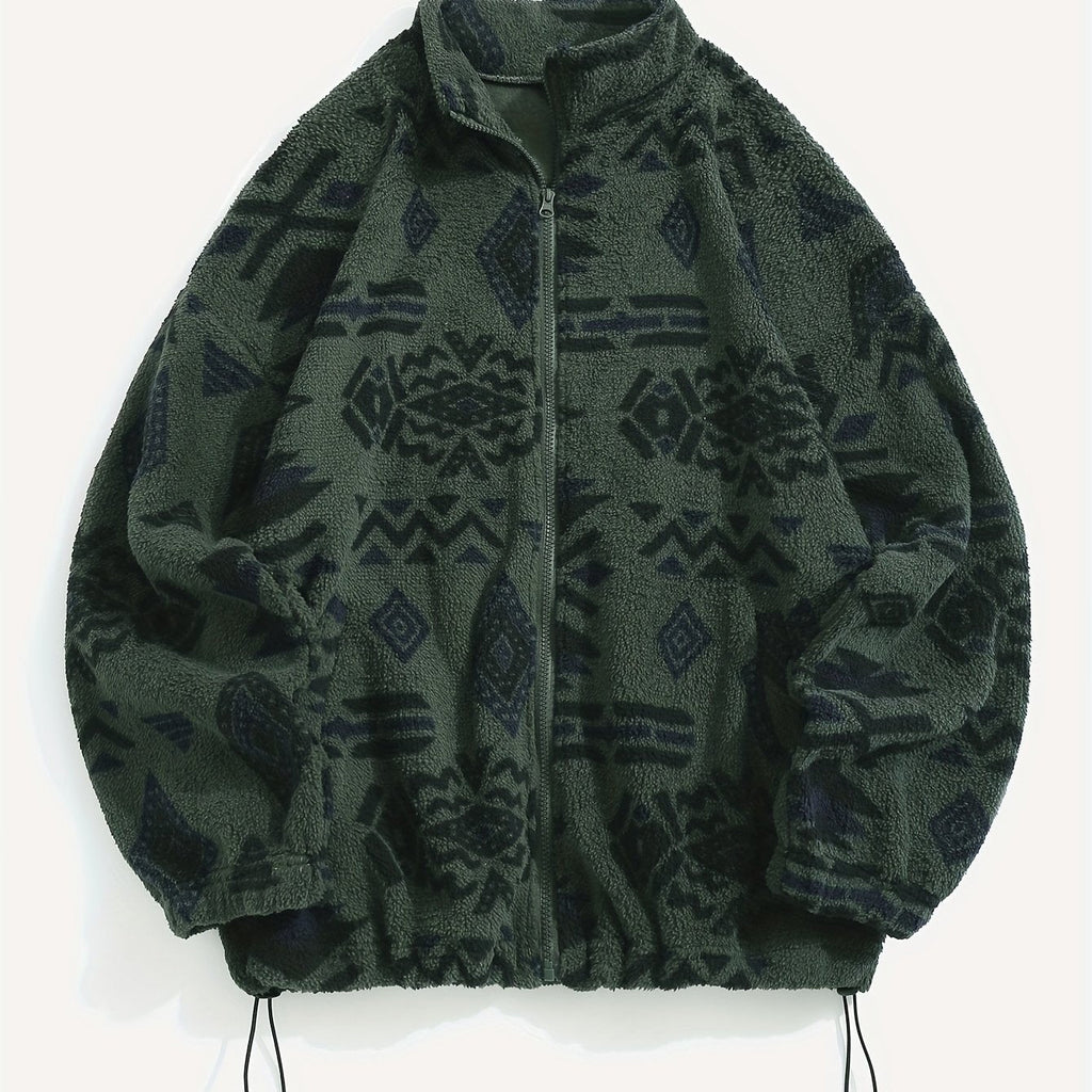Fleece Zip-Up Jacket Aztec Print Men's Stand Collar – Casual, Winter, Outdoor, Everyday, Gift