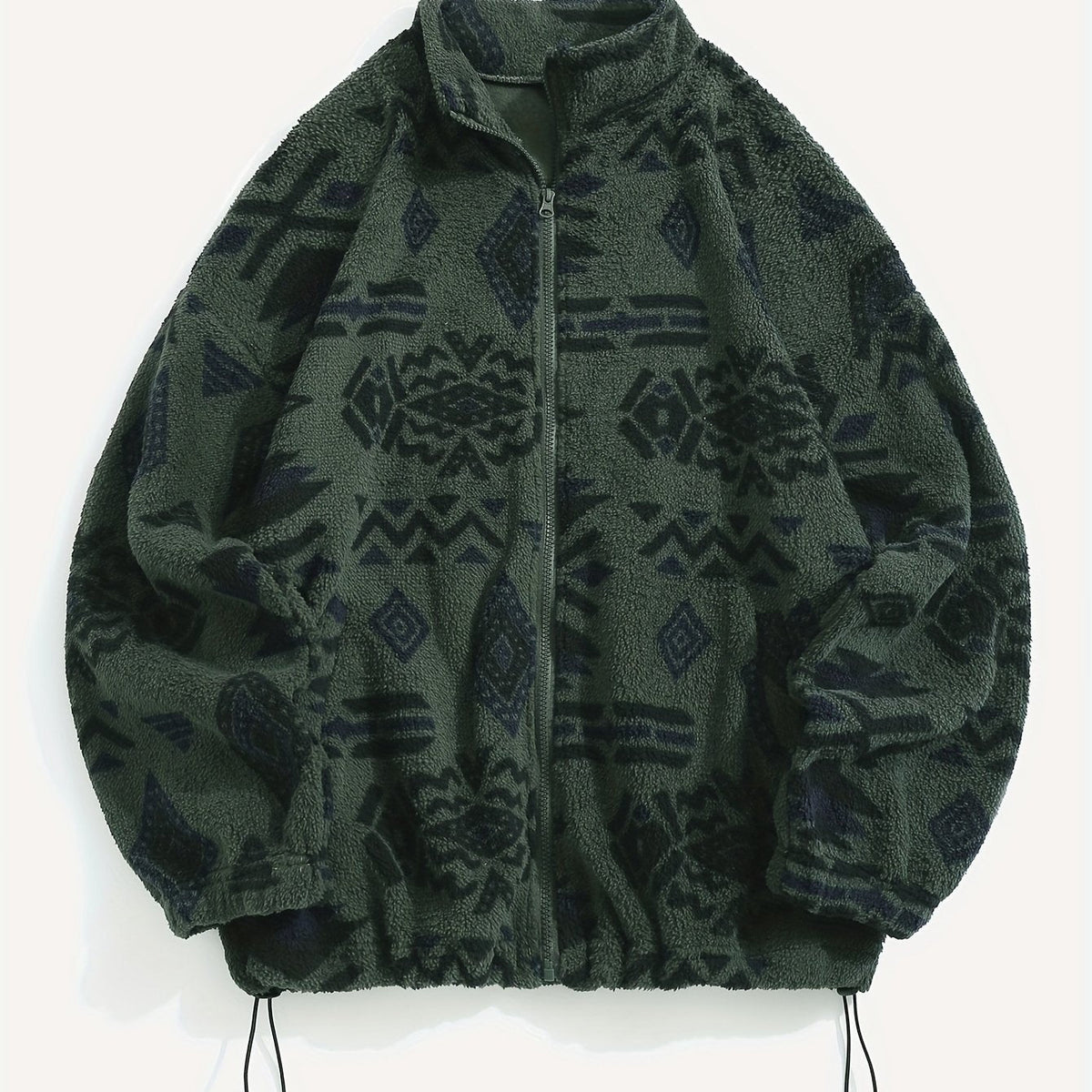 Fleece Zip-Up Jacket Aztec Print Men's Stand Collar – Casual, Winter, Outdoor, Everyday, Gift