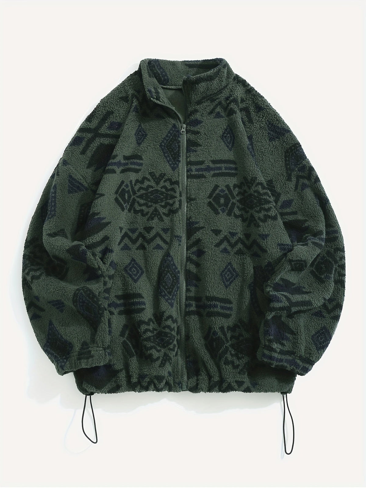 Fleece Zip-Up Jacket Aztec Print Men's Stand Collar – Casual, Winter, Outdoor, Everyday, Gift