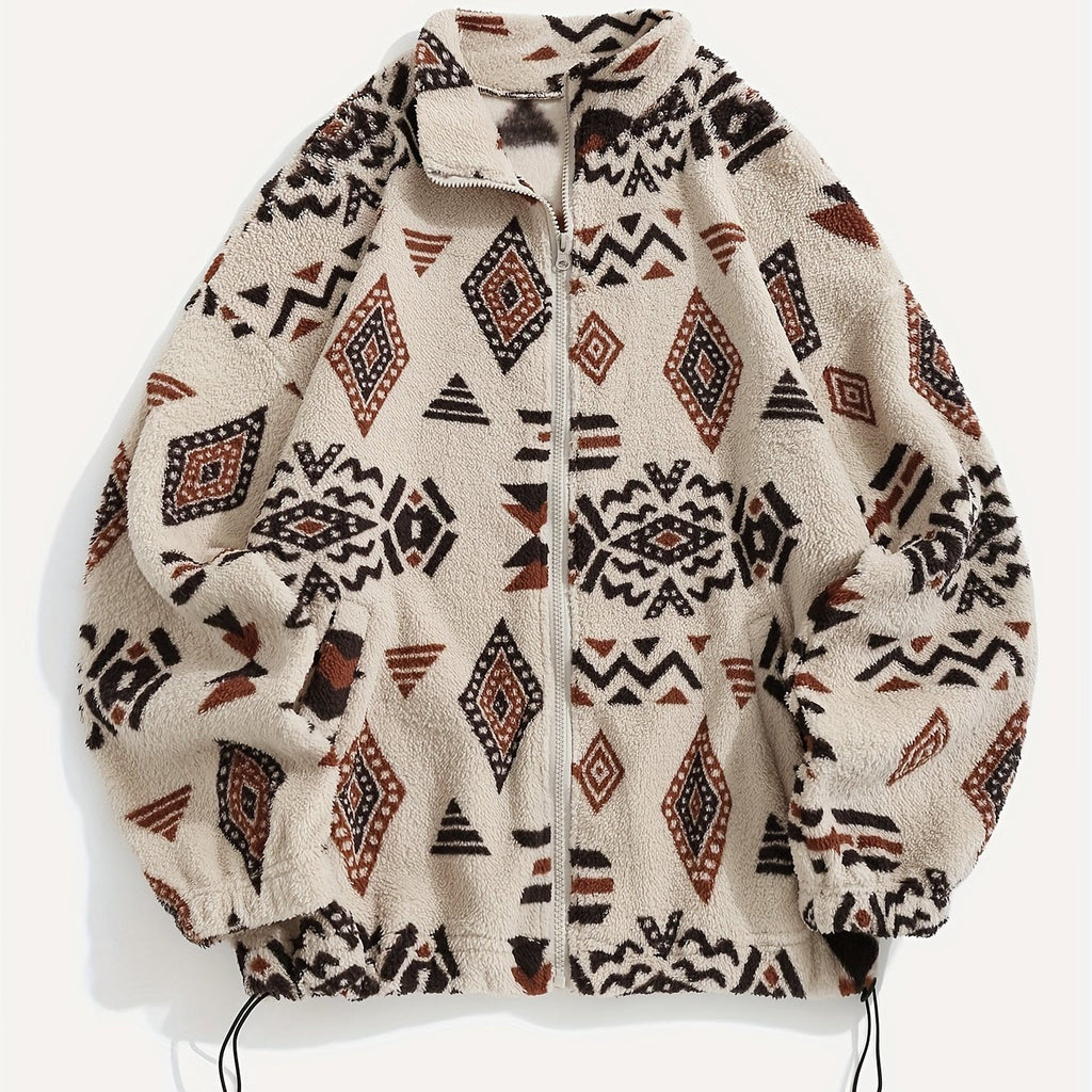 Fleece Zip-Up Jacket Aztec Print Men's Stand Collar – Casual, Winter, Outdoor, Everyday, Gift