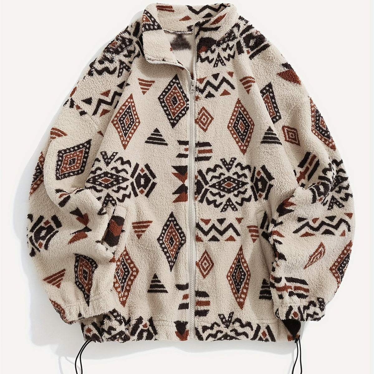Fleece Zip-Up Jacket Aztec Print Men's Stand Collar – Casual, Winter, Outdoor, Everyday, Gift