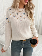Floral Embroidered Knit Jumper Women's Cream Long Sleeve Crew Neck – Casual, Office, Holiday, Gift