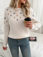 Floral Embroidered Knit Jumper Women's Cream Long Sleeve Crew Neck – Casual, Office, Holiday, Gift