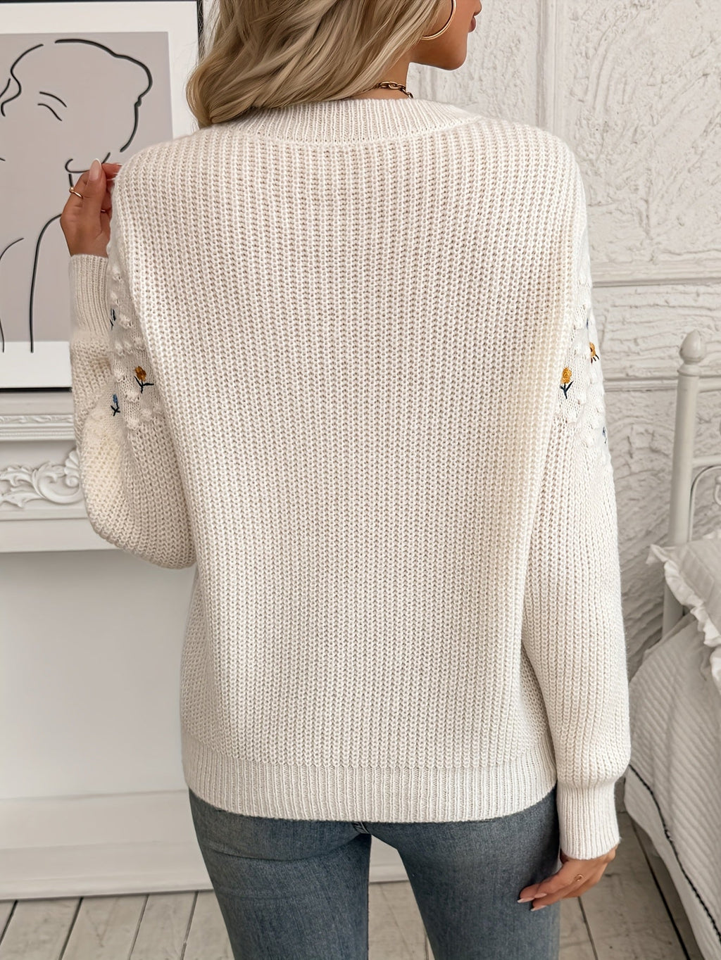 Floral Embroidered Knit Jumper Women's Cream Long Sleeve Crew Neck – Casual, Office, Holiday, Gift