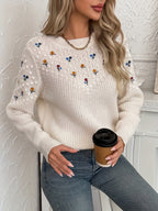 Floral Embroidered Knit Jumper Women's Cream Long Sleeve Crew Neck – Casual, Office, Holiday, Gift