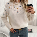 Floral Embroidered Knit Jumper Women's Cream Long Sleeve Crew Neck – Casual, Office, Holiday, Gift