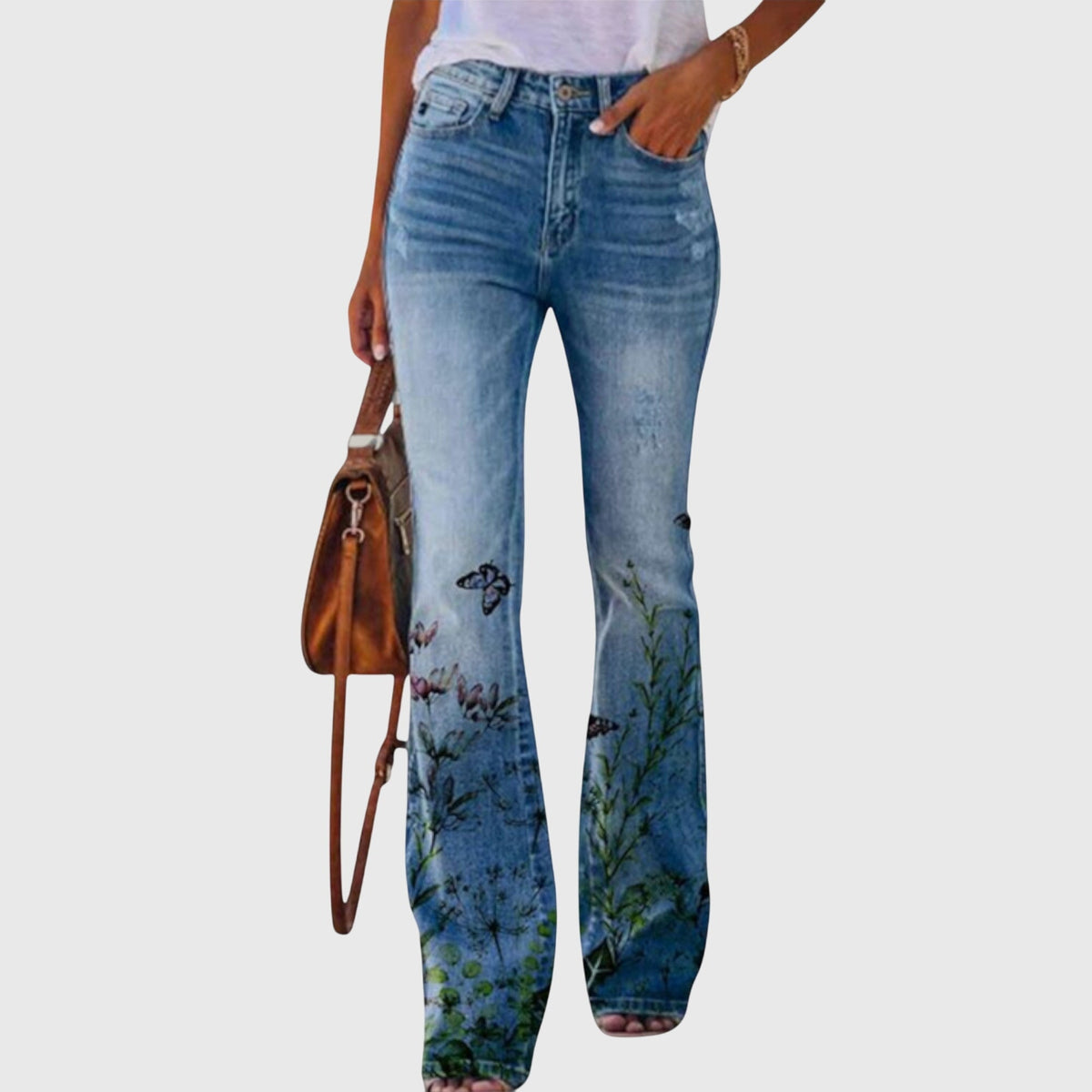 Floral Print Flare Jeans High Waist Blue Denim Women's – Casual, Holiday, Office, Gift