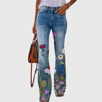 Floral Print Flare Jeans High Waist Blue Denim Women's – Casual, Holiday, Office, Gift