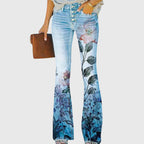 Floral Print Flare Jeans High Waist Blue Denim Women's – Casual, Holiday, Office, Gift